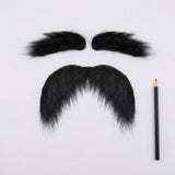 Black costume facial hair includes two eyebrows above a drooping mustache, arranged beside a black pencil on a light gray background.
