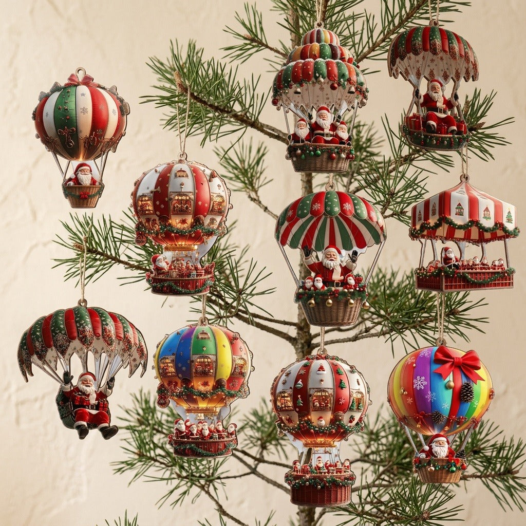Christmas ornaments with red, green, cream, and rainbow Santa balloon and parachute designs hang from sparse pine branches against beige.