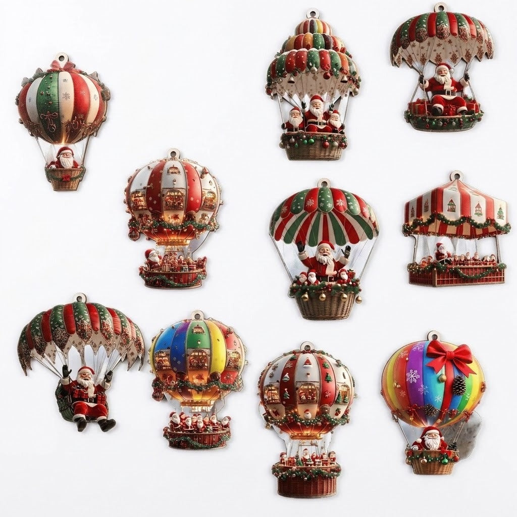 Ten colourful timber Christmas ornaments depicting Santa beneath balloons and parachutes are arranged on white, each with a hanging hole.