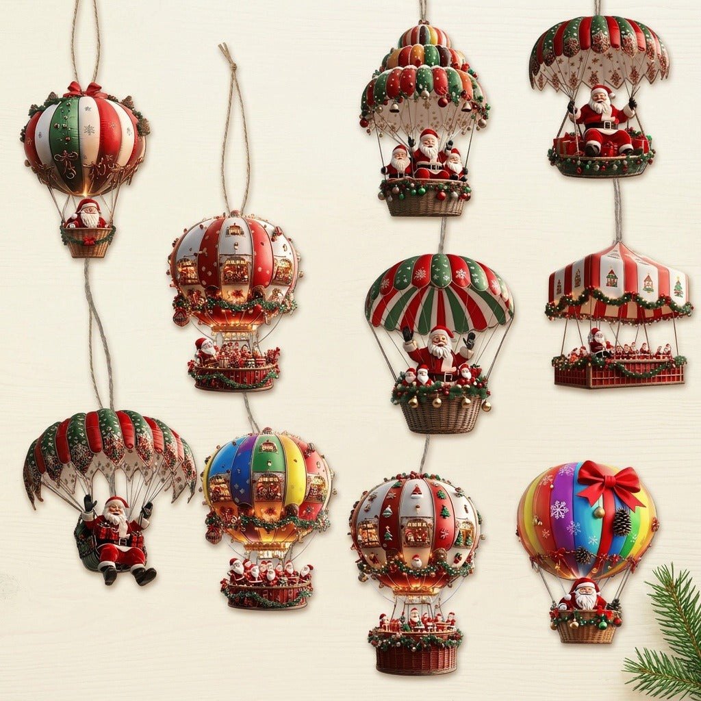 Ten Santa balloon and parachute Christmas ornaments hang from beige cords against cream, with an evergreen sprig at the lower right.