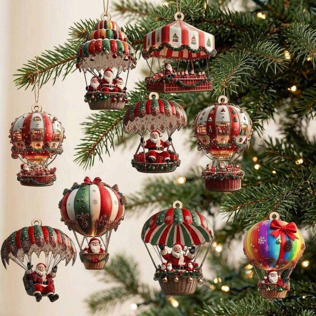 Red, green, cream, and rainbow Santa balloon and parachute Christmas ornaments hang among evergreen branches dotted with warm lights.