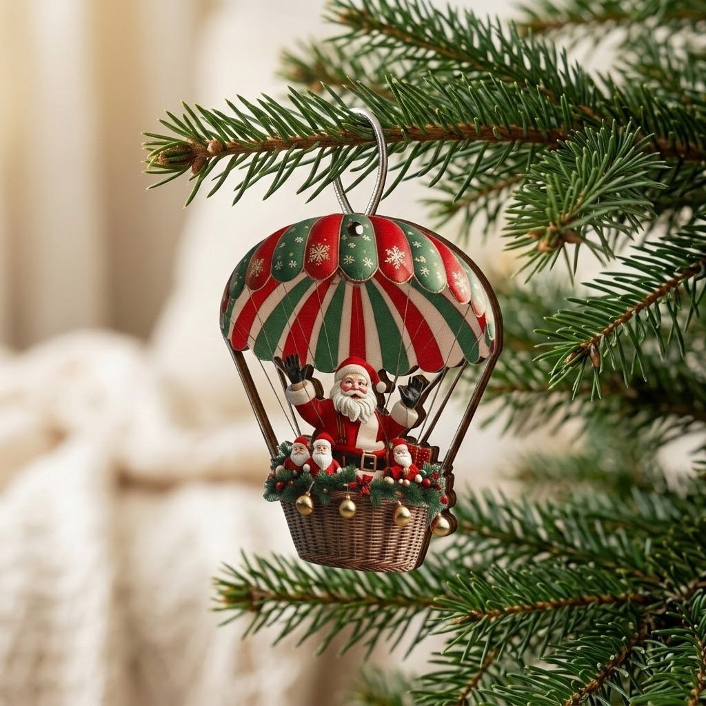 A timber Christmas ornament depicting Santa beneath a red, green, and cream striped canopy hangs from a pine branch against a blurred interior.