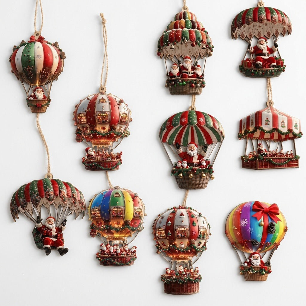 Ten timber Christmas ornaments with Santa balloon and parachute designs in festive stripes and rainbow colours hang from beige cords against white.