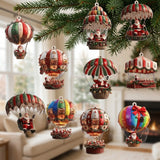 Colourful timber Christmas ornaments depicting Santa parachutes and hot air balloons hang beneath pine branches in a bright living room.