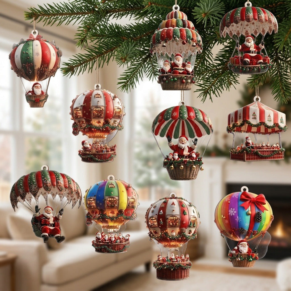 Colourful timber Christmas ornaments depicting Santa parachutes and hot air balloons hang beneath pine branches in a bright living room.