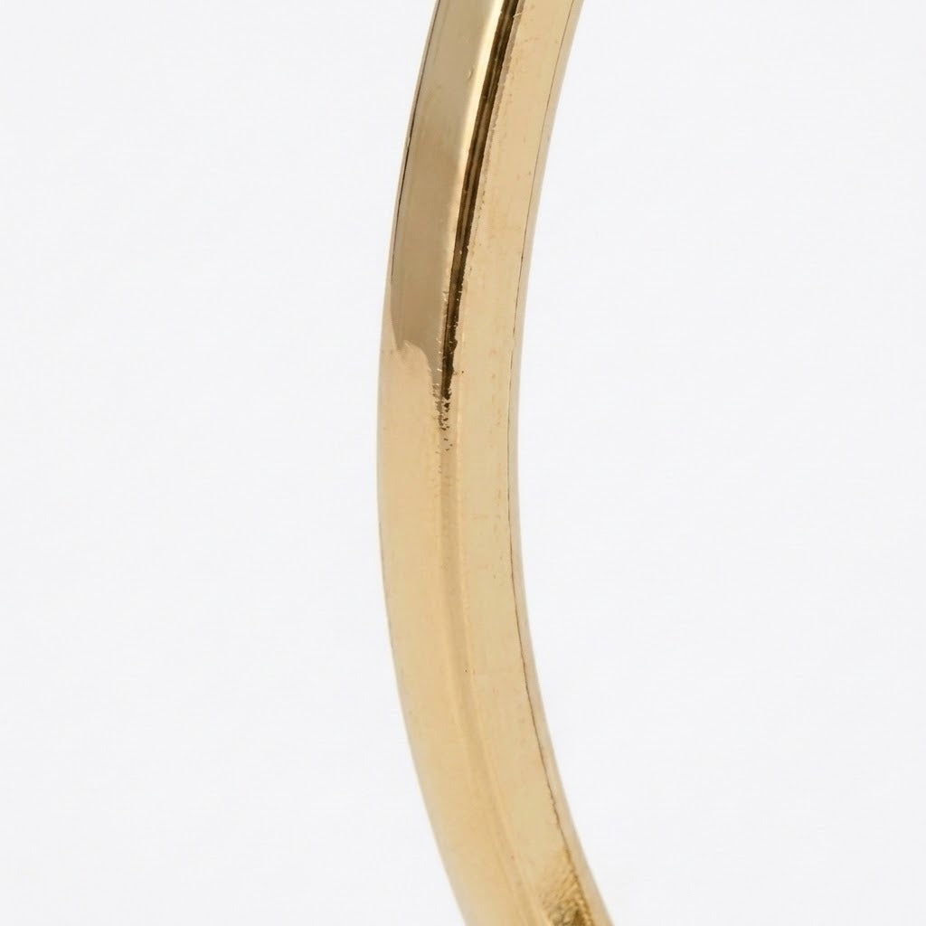 A close-up of a gold-tone drop earring shows its reflective curved bar and defined edges against white.