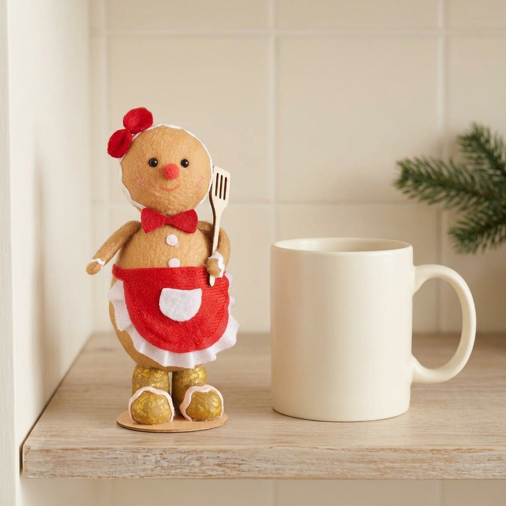 Tan plush gingerbread sitter with red bows and apron holds a spatula beside a cream mug on a wooden shelf.