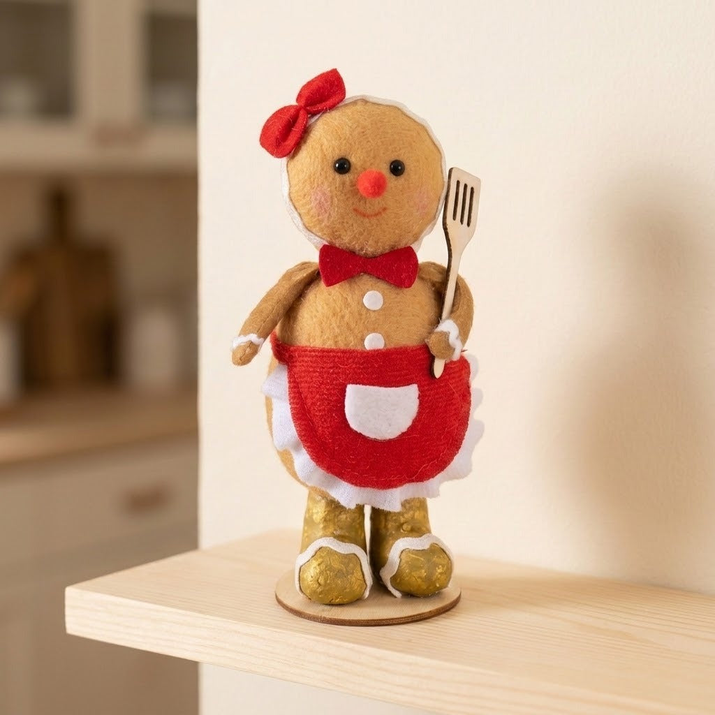 Tan gingerbread sitter with red bows, a red apron, and gold boots holds a spatula on a pale wooden shelf.