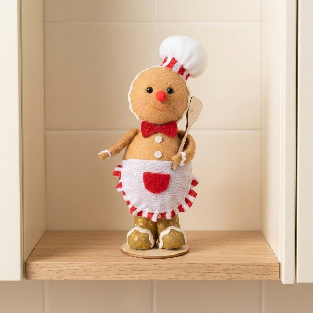 Tan plush gingerbread sitter wears a white chef hat and apron while holding a spatula on a wooden shelf between cream cabinets.