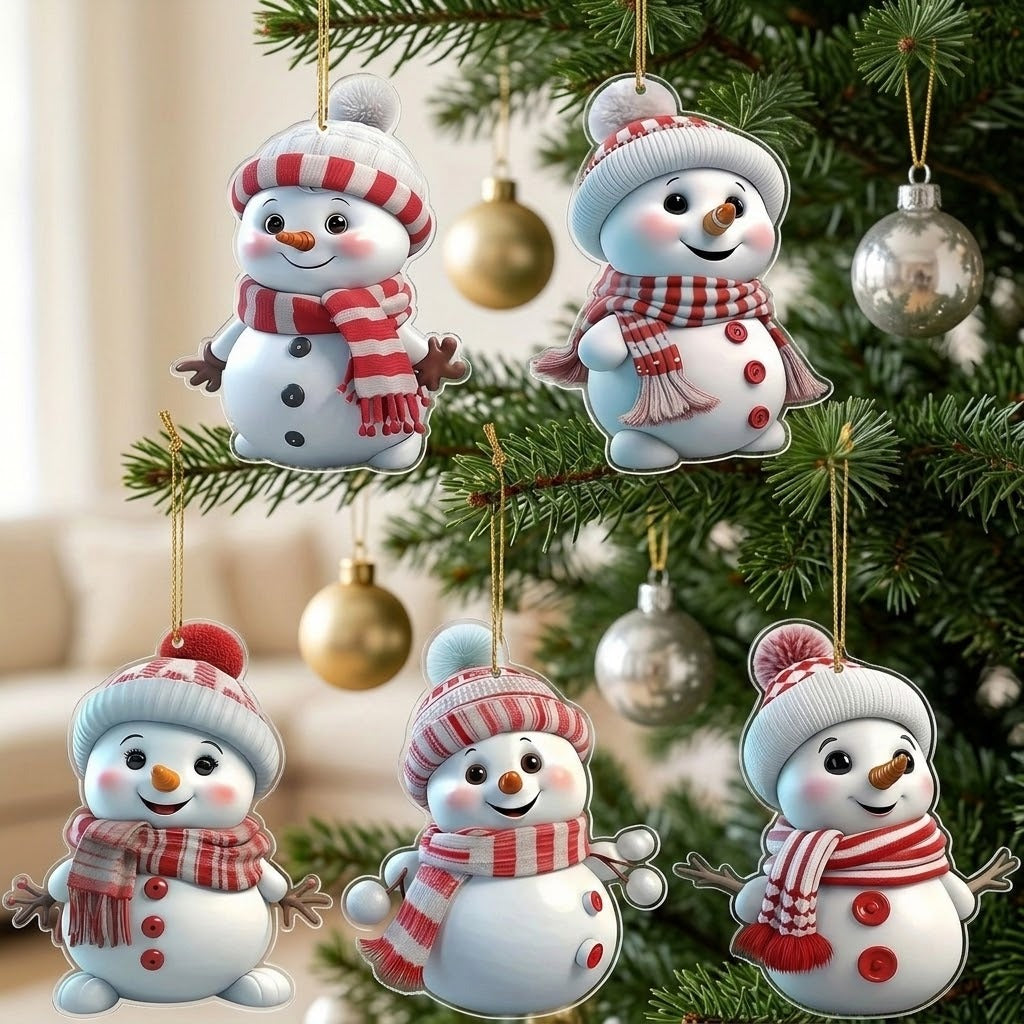 Five white snowman ornaments wearing red and white hats and scarves hang among green Christmas tree branches and metallic baubles.