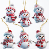 Six white acrylic snowman Christmas ornaments with assorted red hats, scarves, and gold hanging cords are arranged against a white background.
