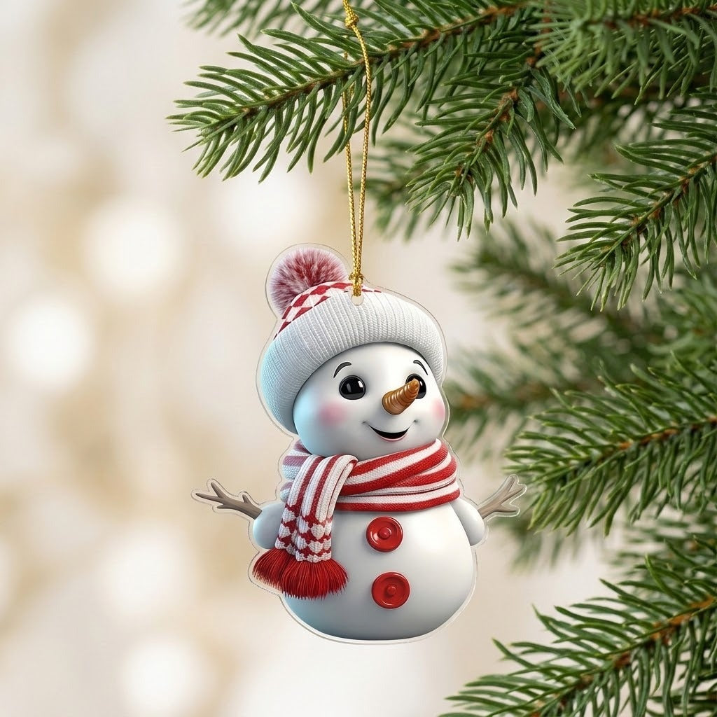 A white acrylic snowman Christmas ornament with red buttons and a striped scarf hangs among green branches against a blurred cream background.