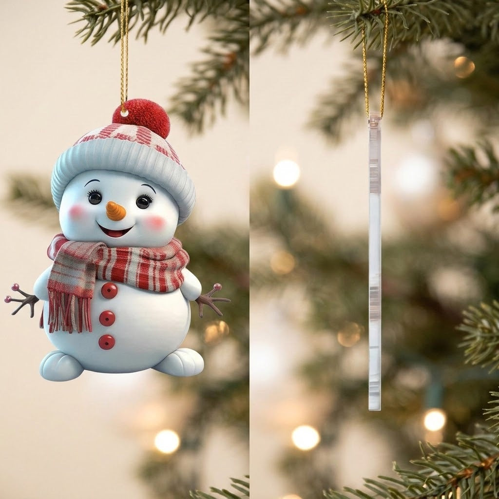 Side-by-side front and thin clear edge views show a white snowman ornament with red accessories hanging against blurred Christmas tree lights.