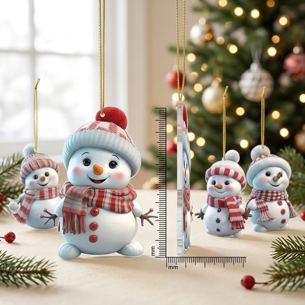 White snowman ornaments with red patterned hats and scarves sit beside a thin side profile and millimetre rulers, with a Christmas tree behind.