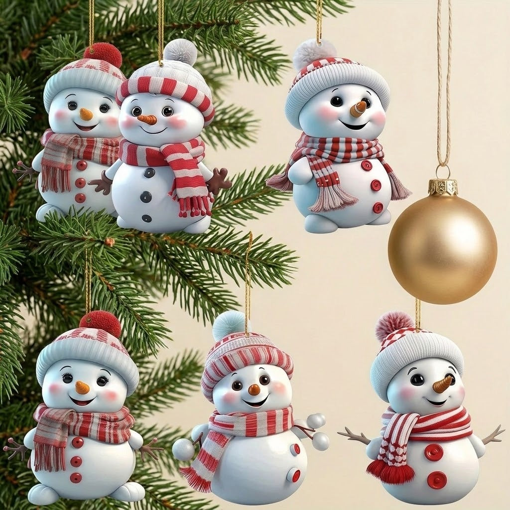 Six white acrylic snowman Christmas ornaments with red-and-white hats and scarves hang beside evergreen branches and a gold bauble against a cream background.