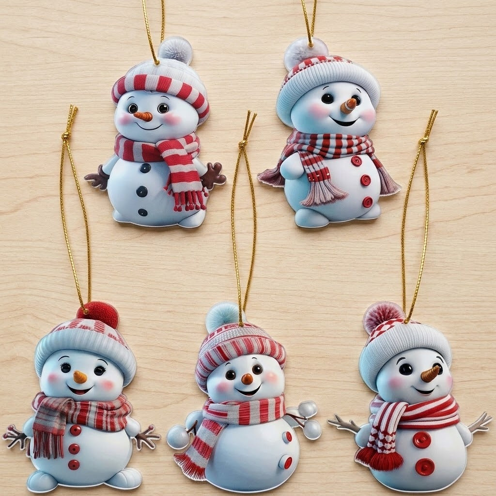 Five flat acrylic snowman Christmas ornaments with red winter accessories and gold hanging loops lie on a pale wood surface.