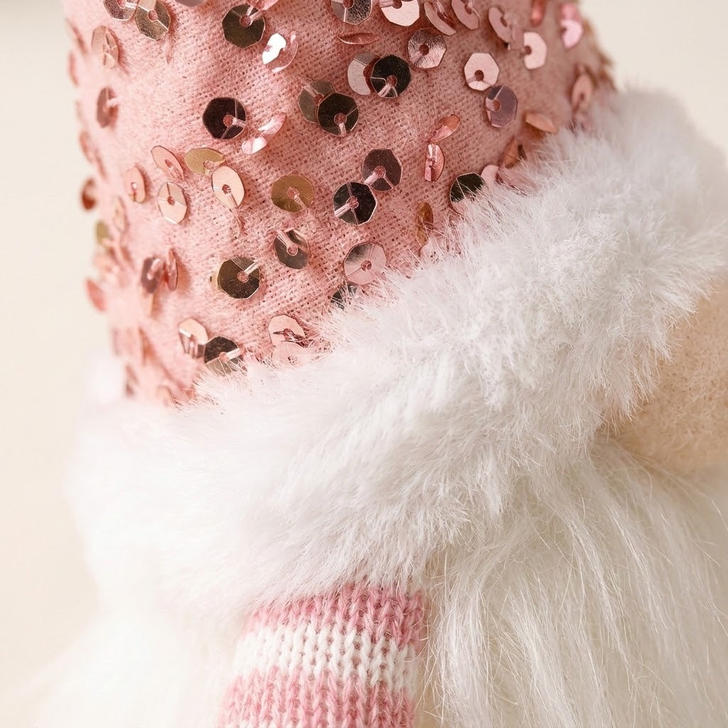 A Christmas gnome close-up reveals pink sequined fabric, fluffy white hat trim, a long white beard, and a pink striped sleeve.