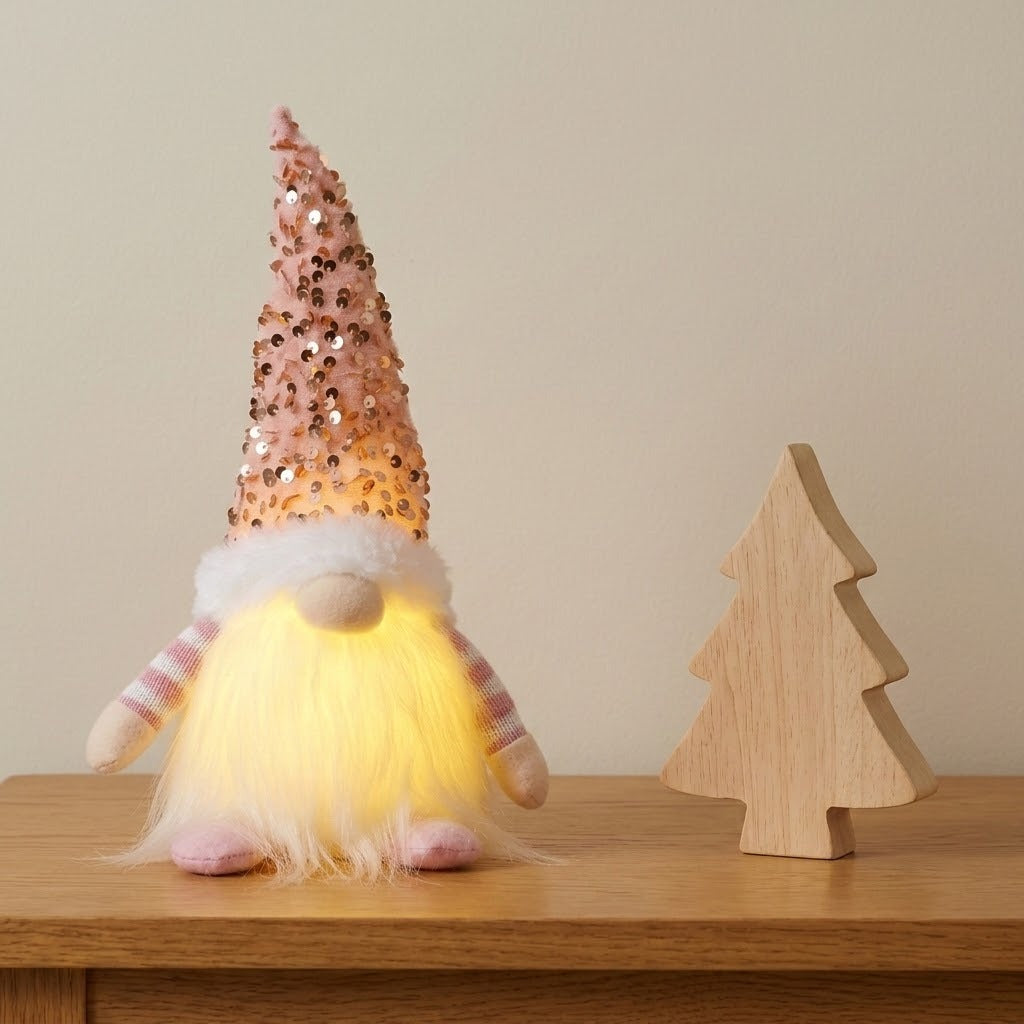 A Christmas gnome with a pink sequined hat and glowing white beard stands beside a wooden tree ornament against a beige wall.