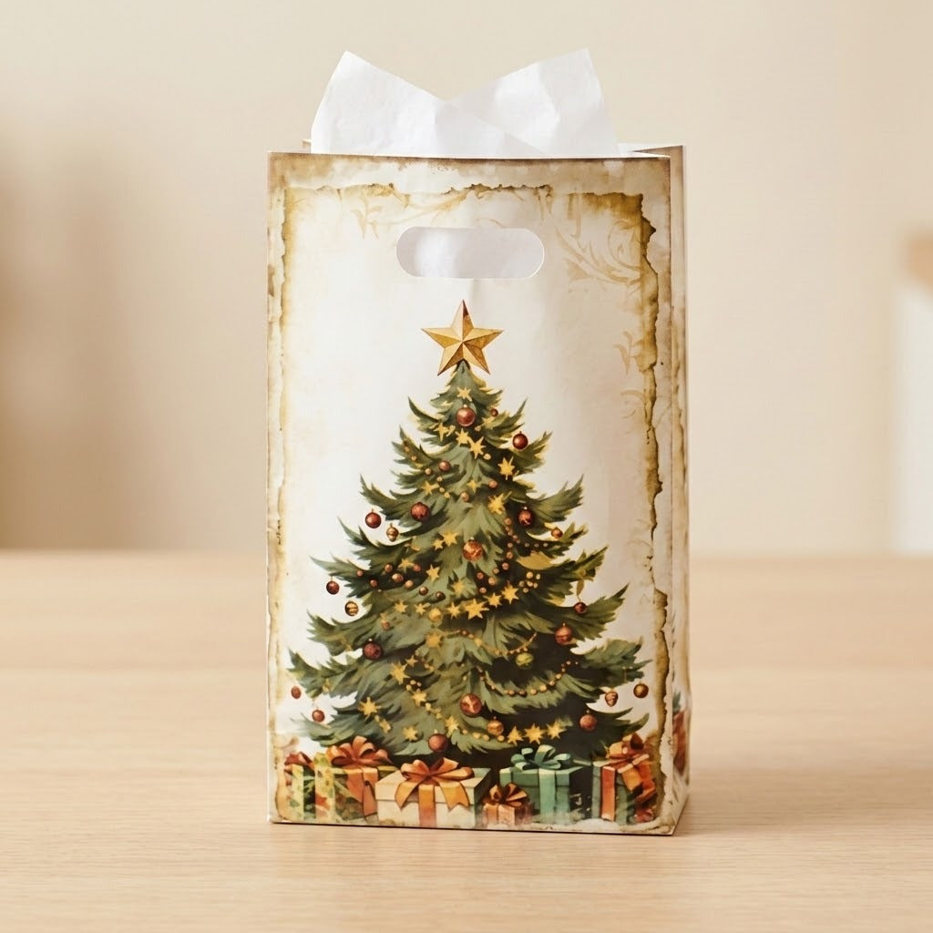 Cream gift bag with a decorated green Christmas tree and presents holds white tissue paper on a light wooden tabletop.