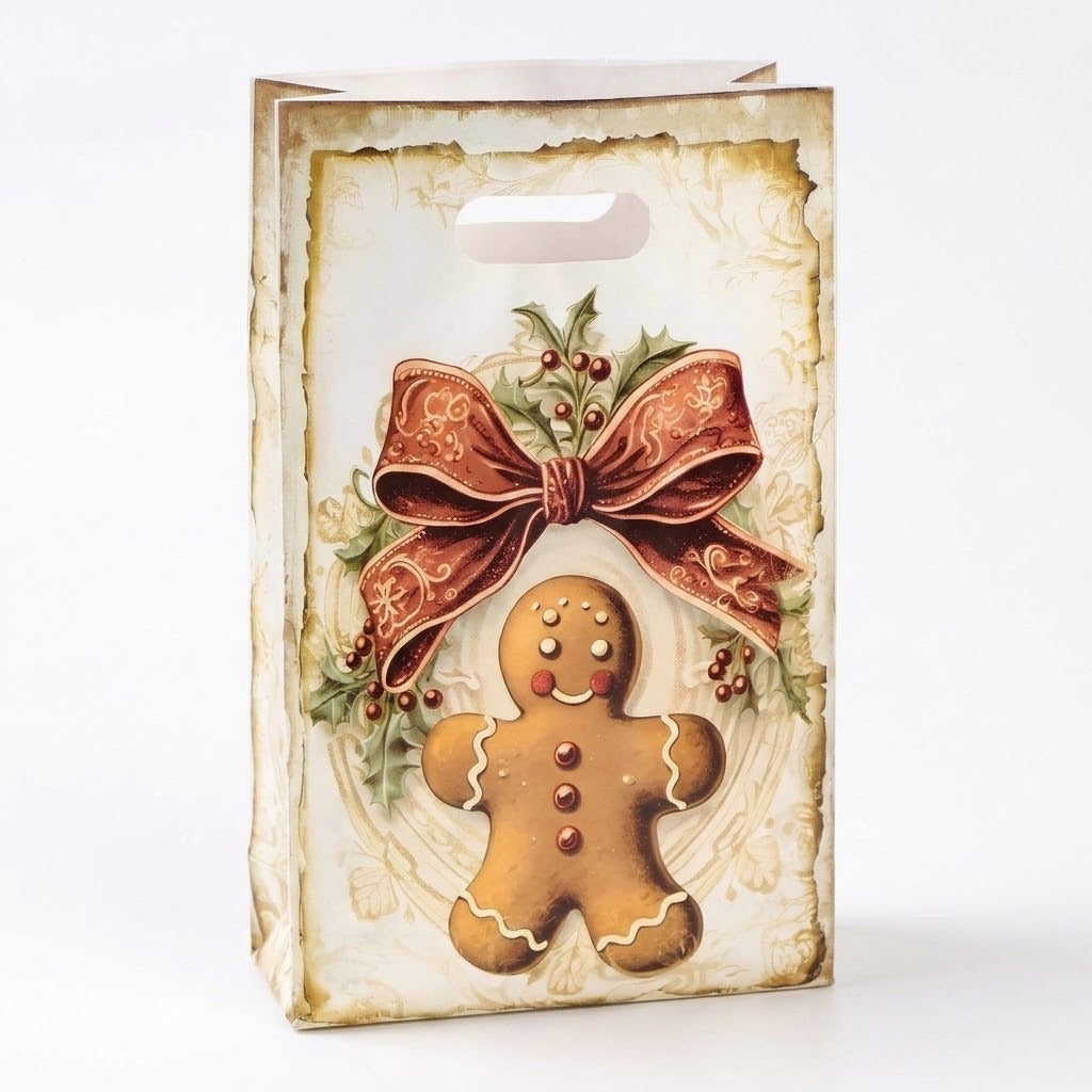 Cream Christmas gift bag with a gingerbread character, printed red bow, holly, and oval handle stands against a white background.