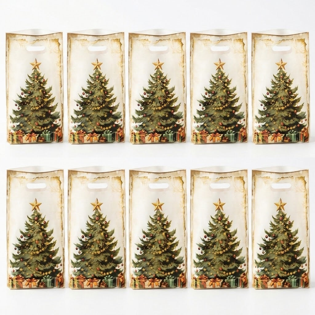 Ten cream gift bags with green Christmas tree and present prints stand in two rows of five against a white background.