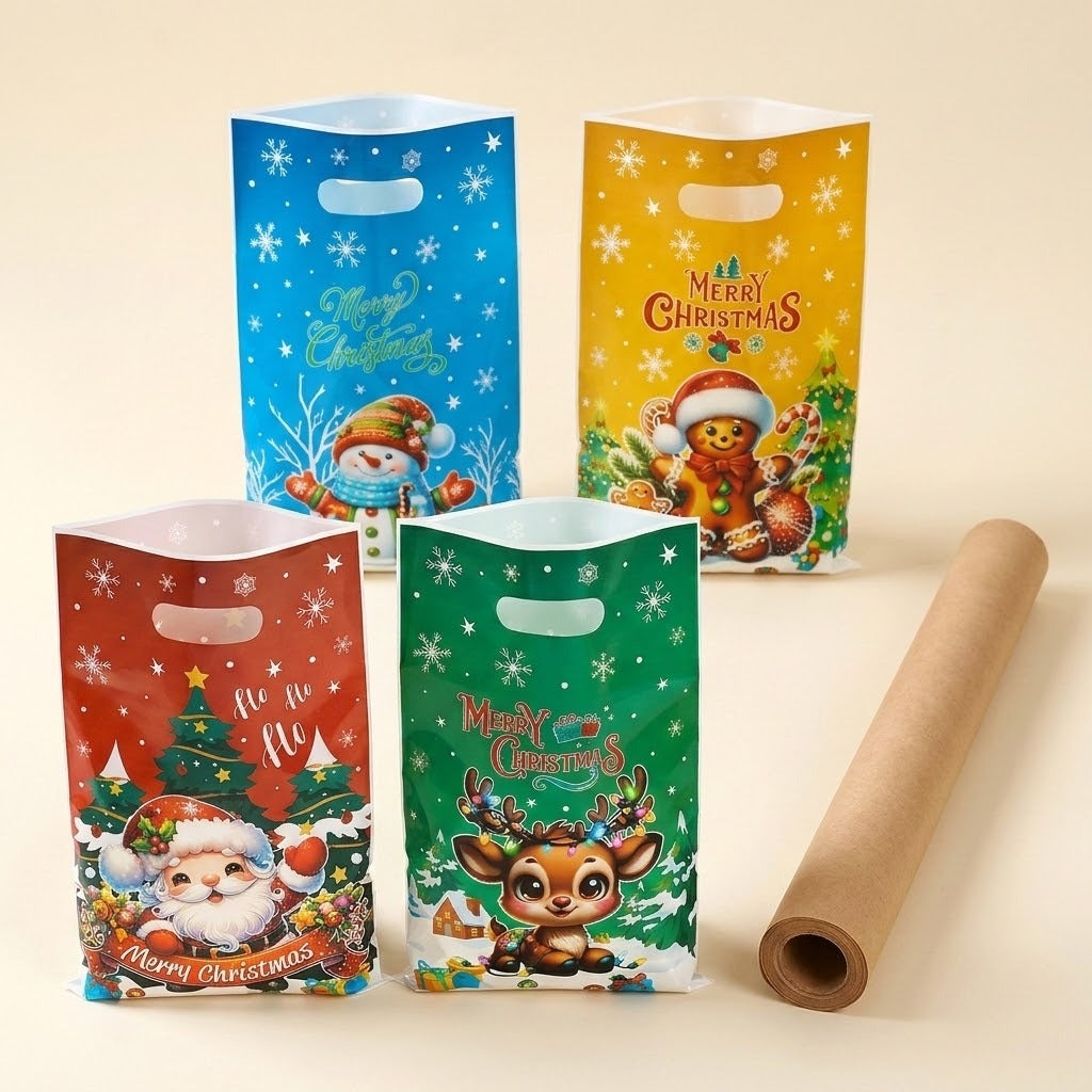 Blue, yellow, red, and green Christmas gift bags with character designs beside a brown paper roll on a cream background.