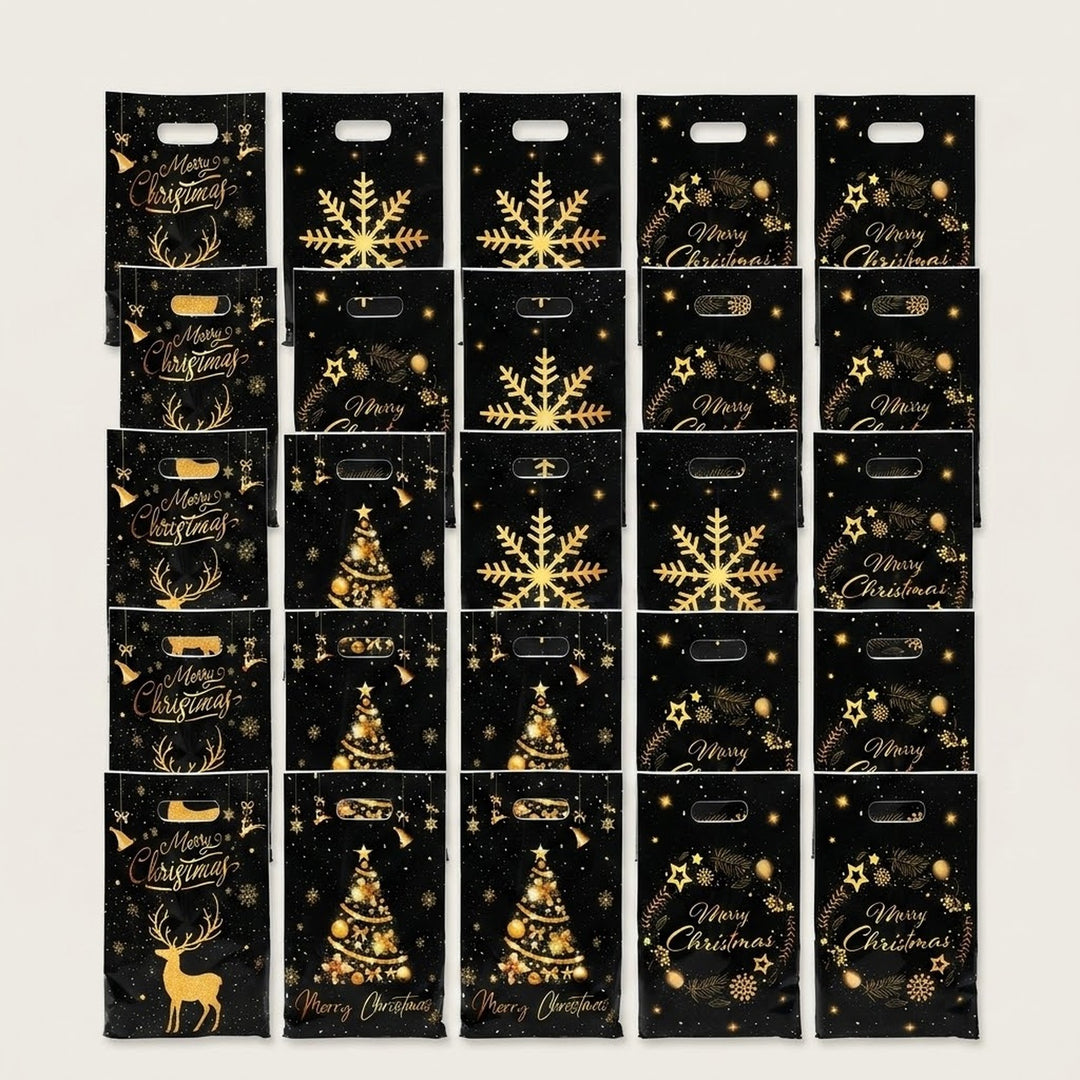Black Christmas gift bags with gold snowflakes, trees, reindeer, wreaths, and cutout handles arranged in overlapping rows on an off-white background.