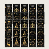 Black Christmas gift bags with gold snowflakes, trees, reindeer, wreaths, and cutout handles arranged in overlapping rows on an off-white background.
