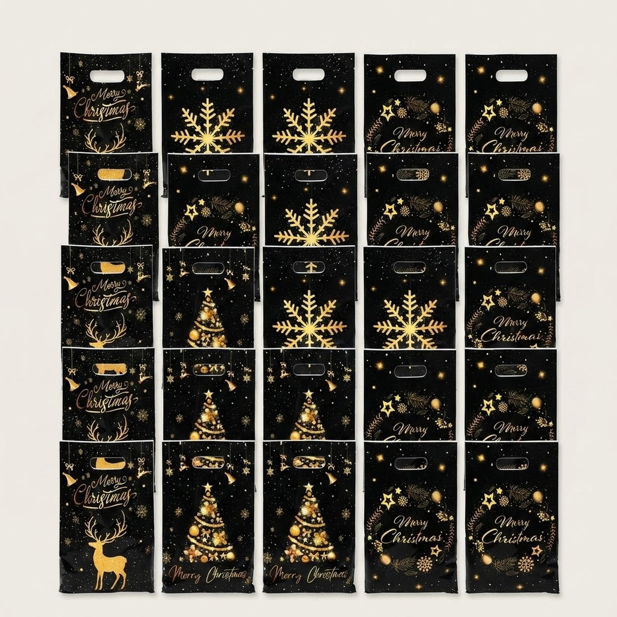 Black Christmas gift bags with gold snowflakes, trees, reindeer, wreaths, and cutout handles arranged in overlapping rows on an off-white background.
