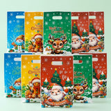 Blue, yellow, green, and red Christmas gift bags with oval handles display snowman, gingerbread, reindeer, and Santa designs against mint green.