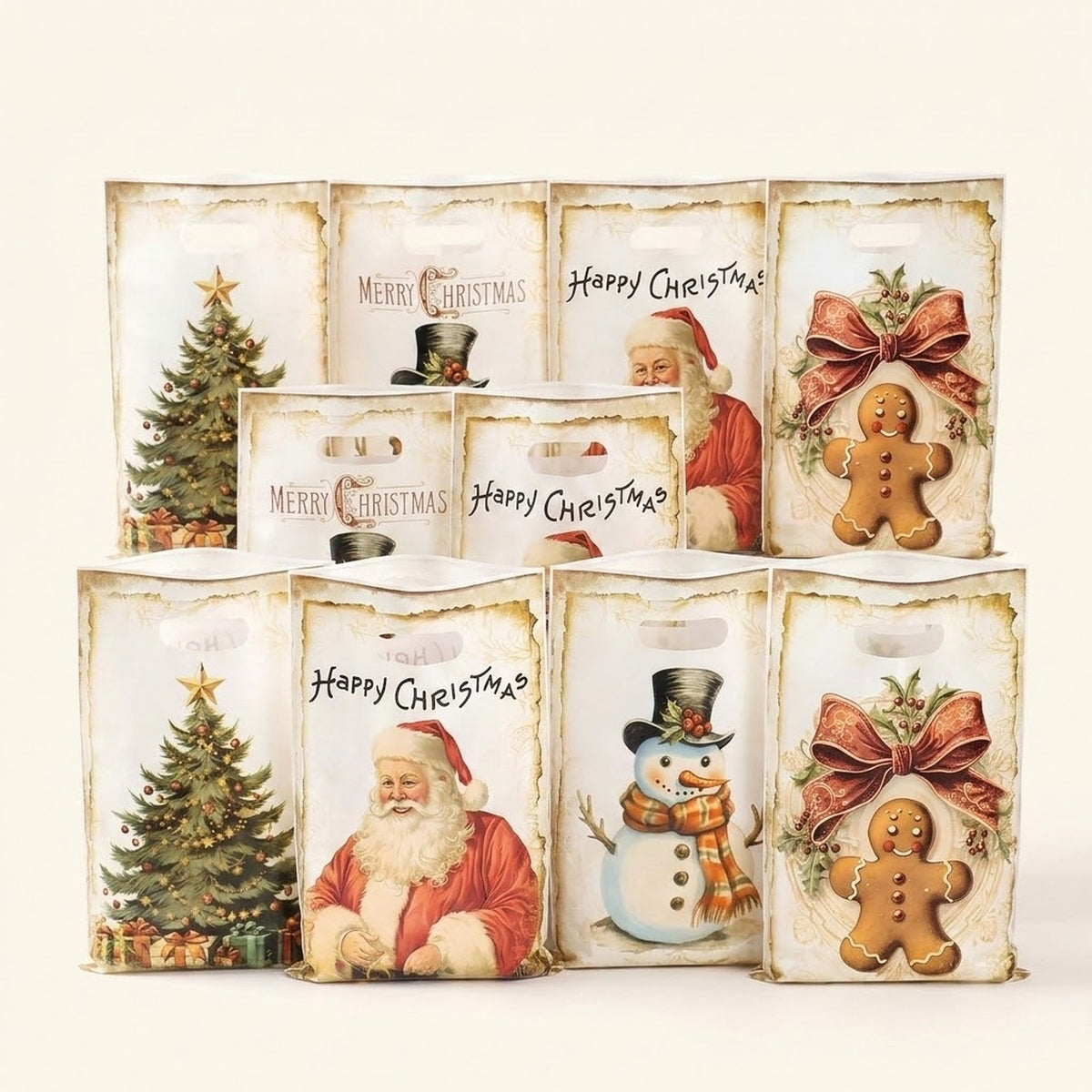 Cream Christmas gift bags with vintage tree, Santa, snowman, and gingerbread designs arranged in overlapping rows against an ivory background.