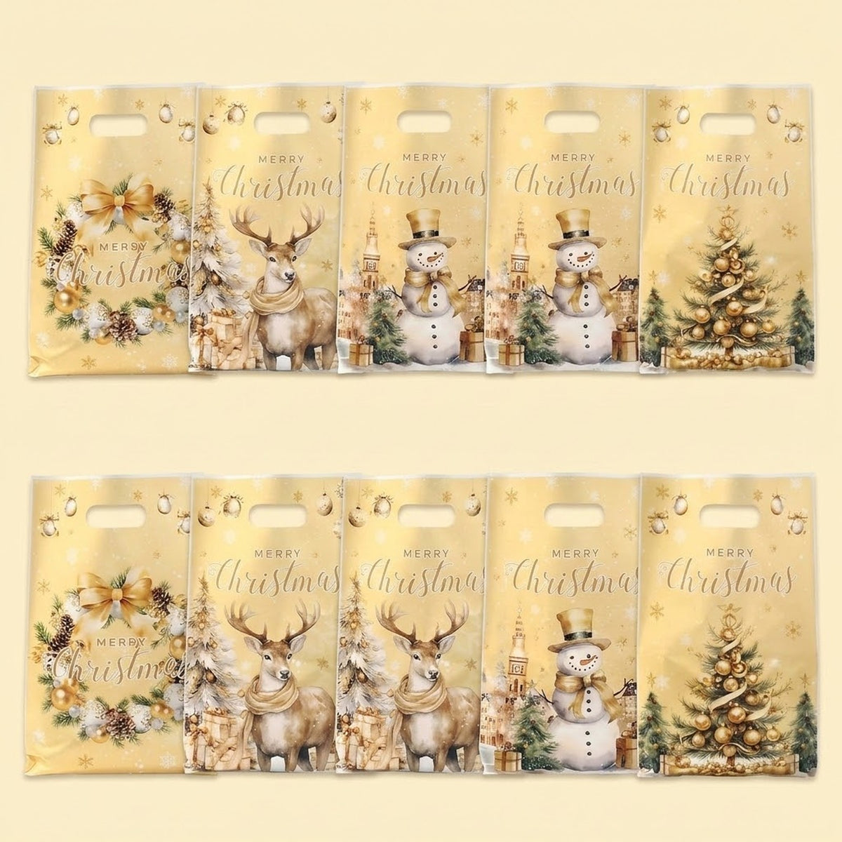 Gold Christmas gift bags with wreath, deer, snowman, and decorated tree designs appear in two rows against a pale yellow background.