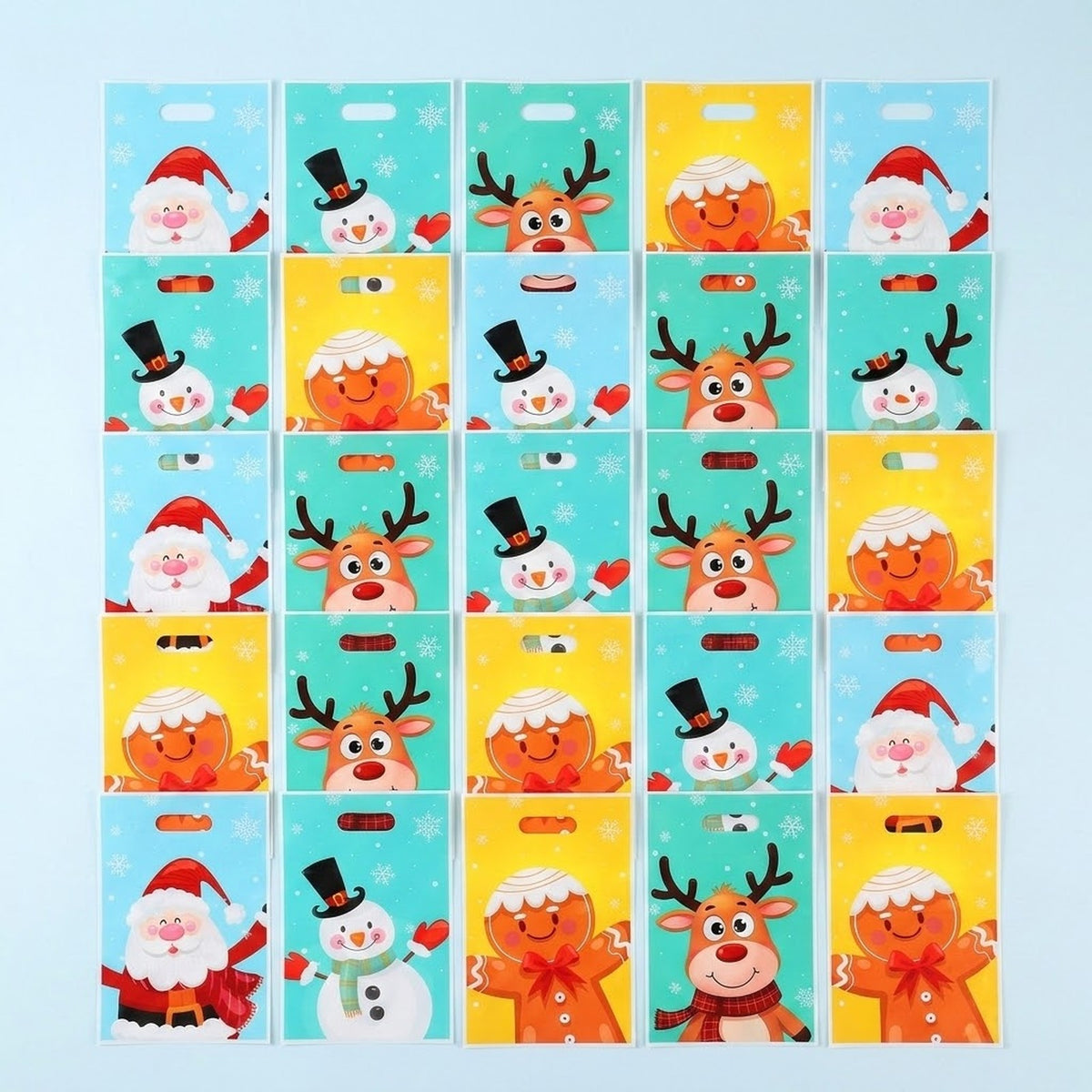 Light blue, turquoise, and yellow Christmas gift bags with oval handles form a grid featuring Santa, snowman, reindeer, and gingerbread characters.