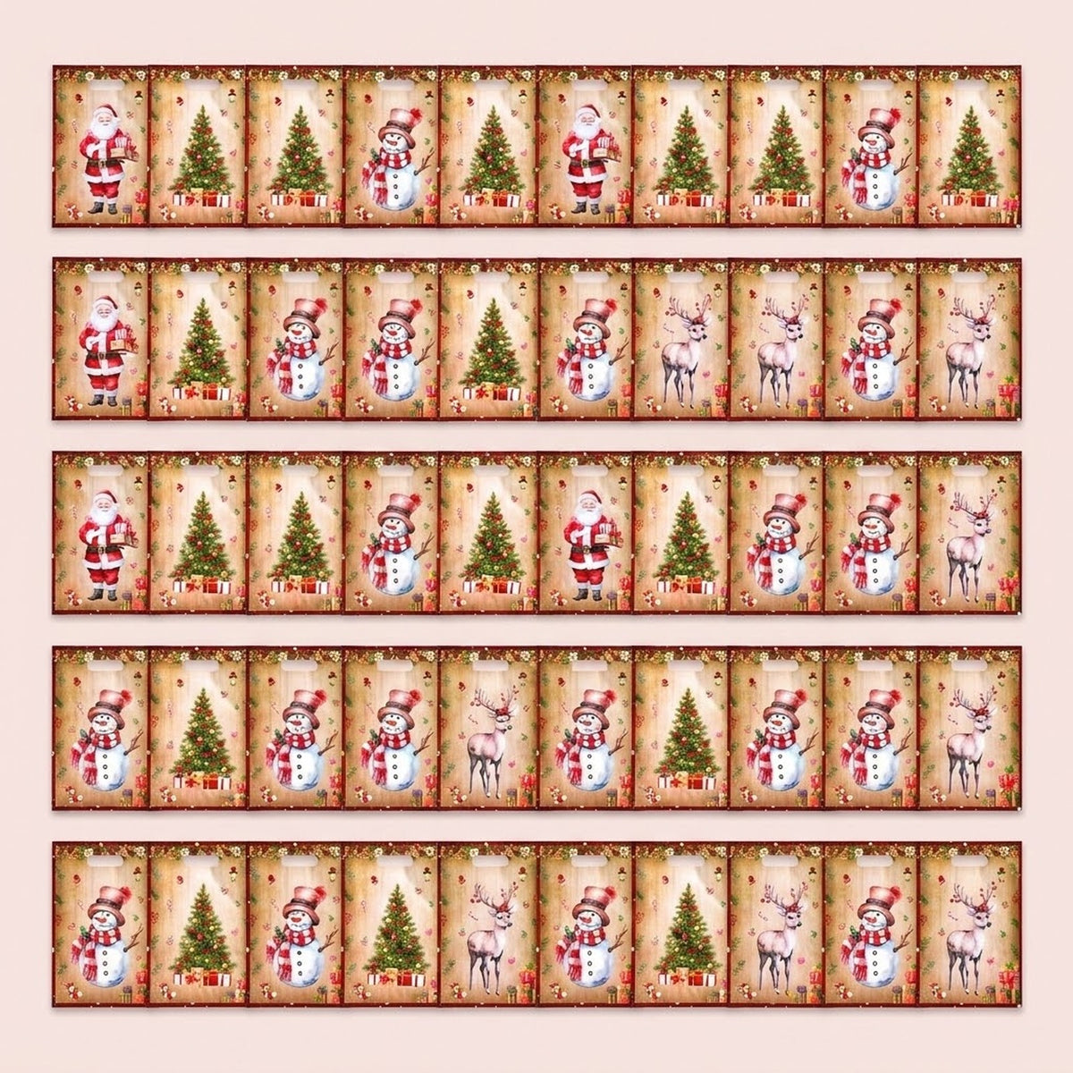 Red-bordered Christmas gift bags with Santa, snowmen, reindeer, and decorated trees arranged in five rows on a pale pink background.