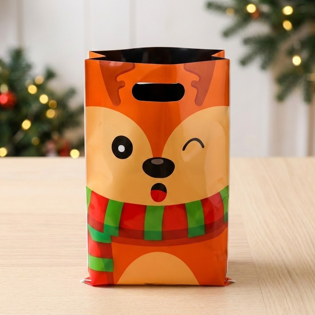 Orange reindeer gift bag with a winking face and red-and-green scarf stands on a wooden table before blurred Christmas decorations.