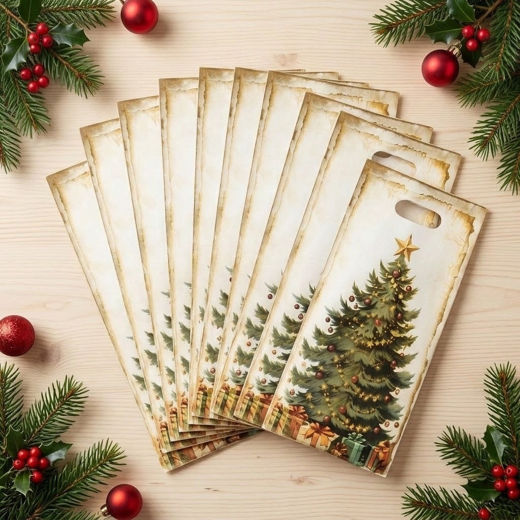 Cream Christmas tree gift bags lie fanned across a light wooden surface surrounded by evergreen sprigs, red berries, and baubles.