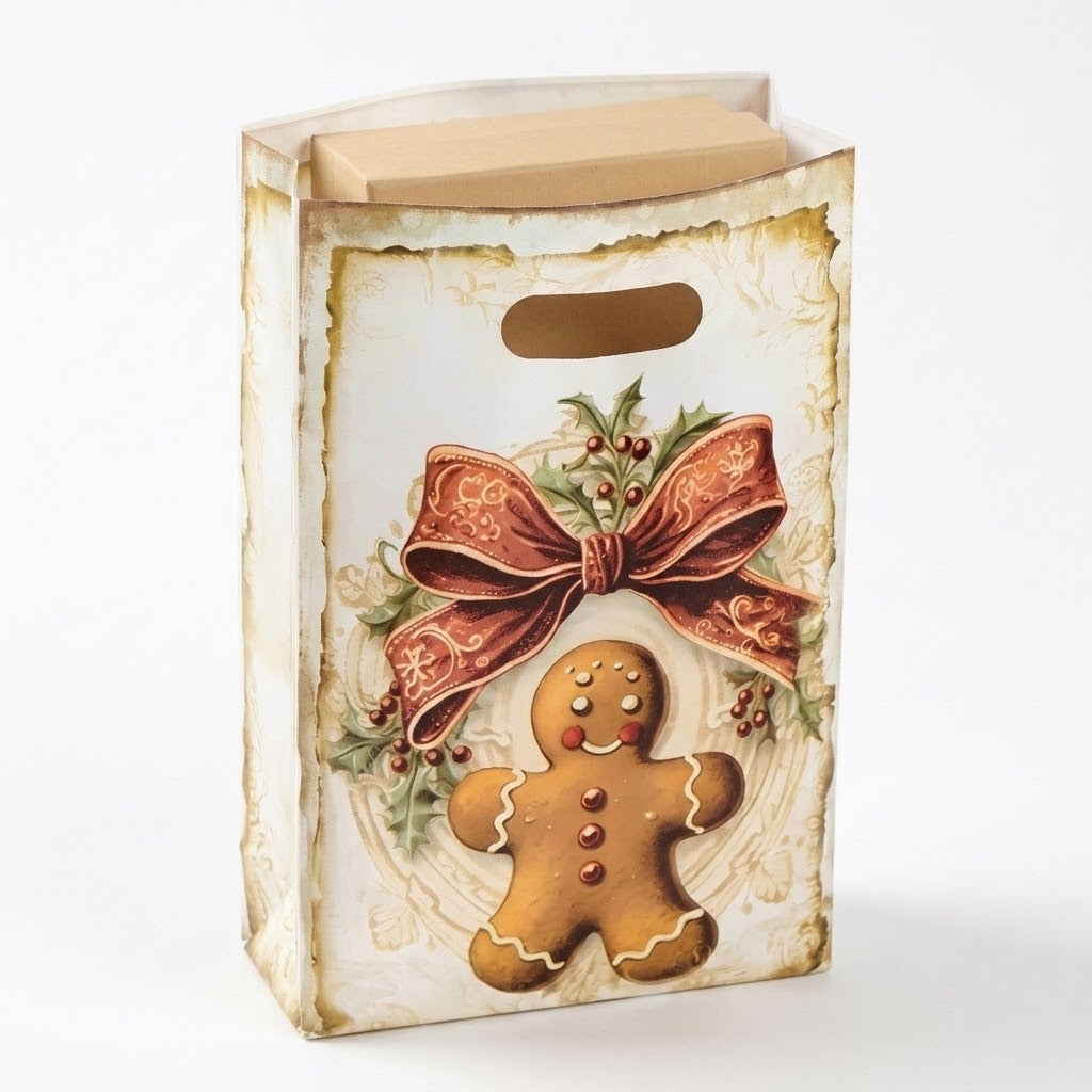Cream Christmas gift bag holds a beige rectangular box and features a gingerbread character, printed red bow, and holly against white.