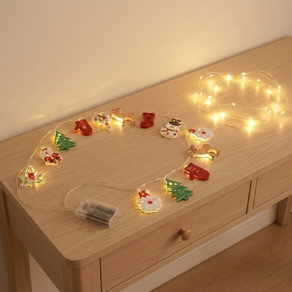 Christmas character string lights and coiled warm white fairy lights rest on a light wood console table beside a clear battery box.