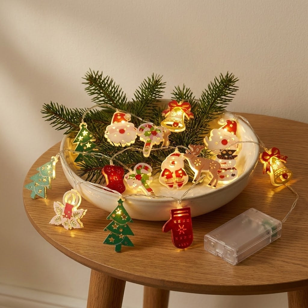 Colorful Christmas string lights surround evergreen branches in a white bowl on a round wooden table beside a clear battery box.
