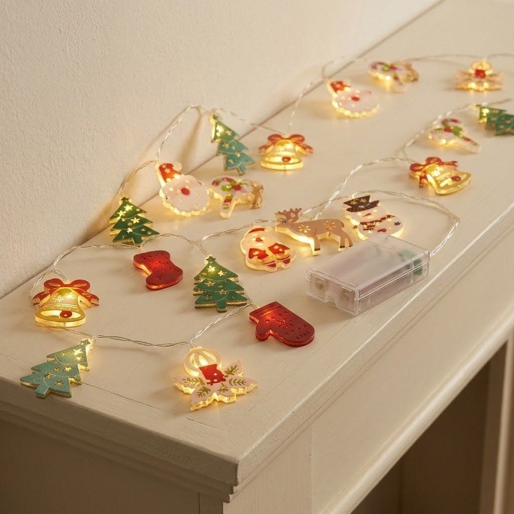 Warm white Christmas string lights with green trees, red mittens, bells, reindeer and snowmen spread across a white mantel beside a clear battery box.