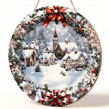 Round wood Christmas sign shown angled against white, revealing a tan edge, rope hanger, and snowy village artwork with red bows.