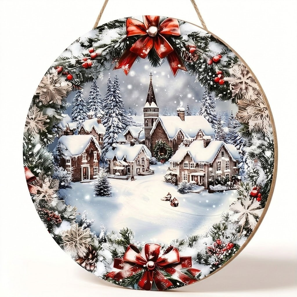 Round wood Christmas sign shown angled against white, revealing a tan edge, rope hanger, and snowy village artwork with red bows.