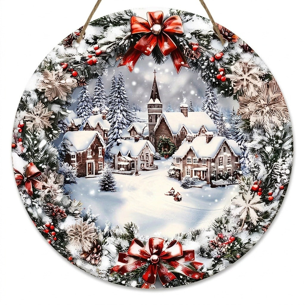 Round wood Christmas sign against a white background features a rope hanger and flat winter village artwork bordered by printed greenery.
