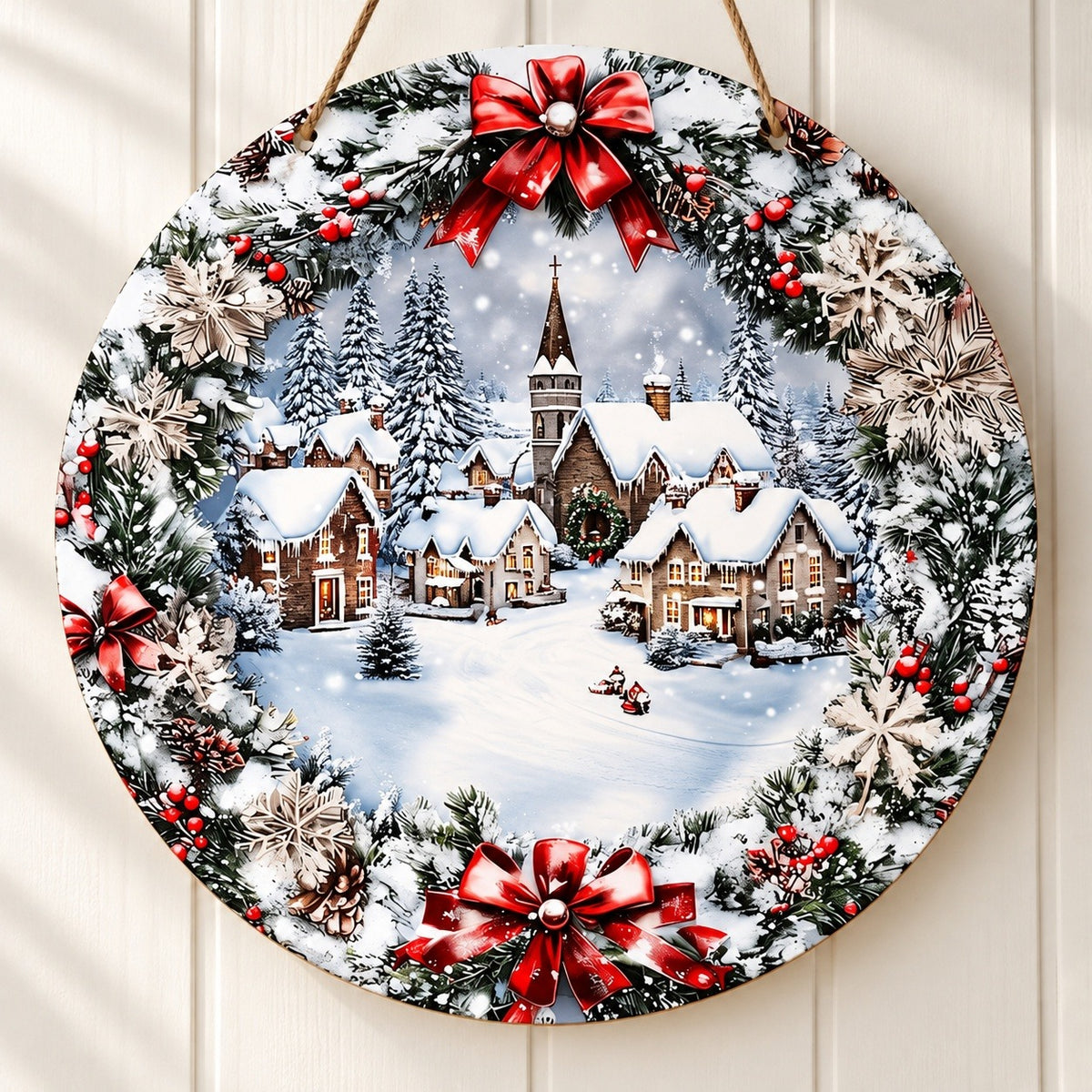 Round wood Christmas sign hangs against cream paneling, displaying flat snowy village artwork bordered by printed greenery, red bows, and snowflakes.