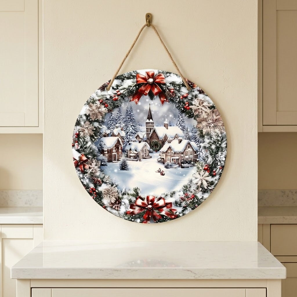 Round wood Christmas sign with snowy town artwork and red bows hangs by rope on a cream wall above a white countertop.