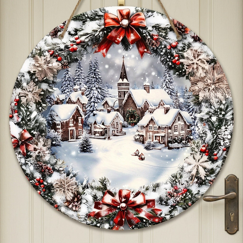 Round wood Christmas sign with flat snowy village artwork, green foliage, and red bows hangs against a cream paneled door.