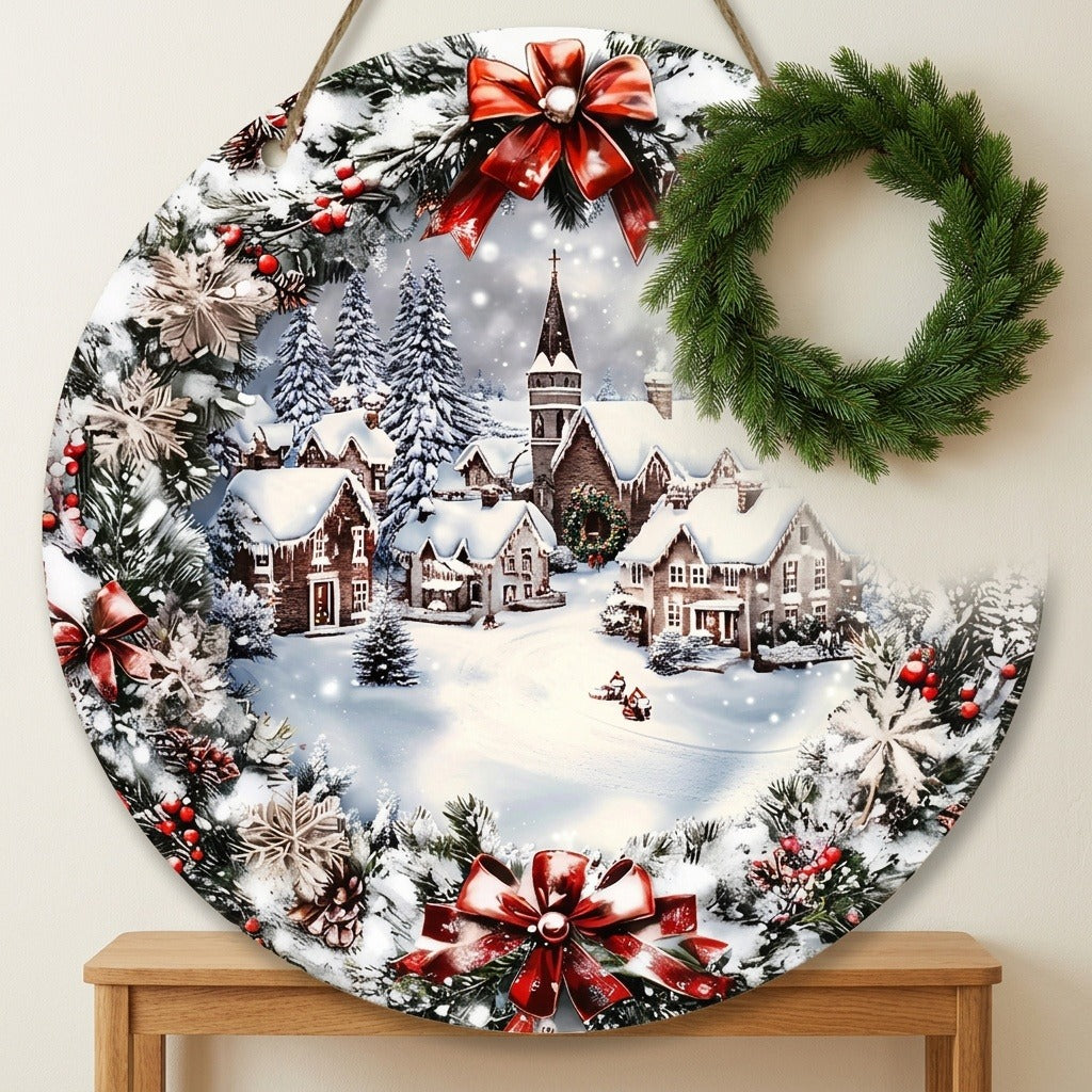 Round wood Christmas sign with snowy town artwork hangs above a wooden console, partially overlapped by a separate green wreath.