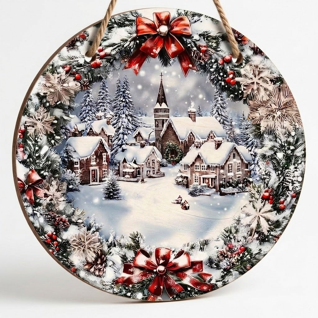 Round wood Christmas sign with a rope hanger displays snowy village artwork, printed red bows, and snowflakes against a pale background.