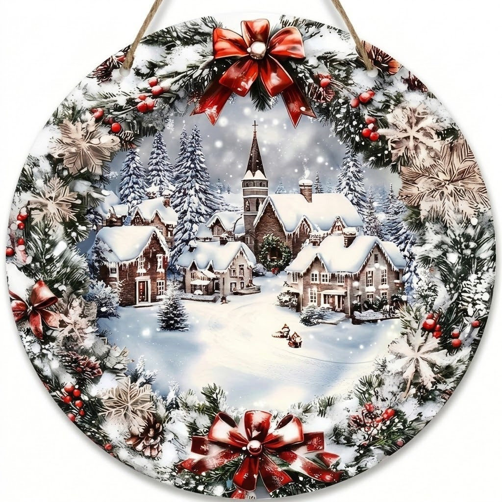 Round hanging Christmas sign depicting a snowy village, bordered by evergreen branches, red bows, berries, pinecones, and snowflakes against white.