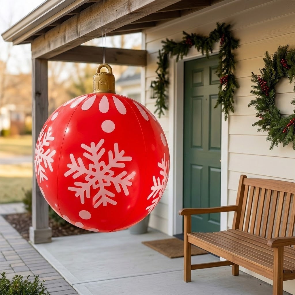 A red inflatable ornament with white snowflakes and a gold top hangs on a porch beside a wooden bench and green door.